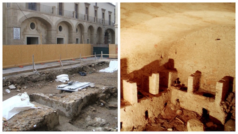 Da sx ritrovamenti di sepolture in piazza Turati e cripta della chiesa S. Domenico